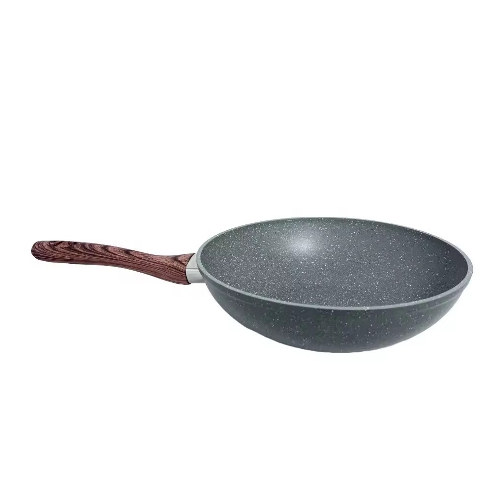 Tigaie wok antiaderentă din marmură cu capac din sticlă Bucătărie cu inducție cu mâner din lemn la atingere moale Tigaie wok antiaderentă din aluminiu forjat